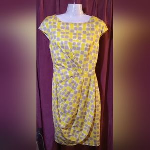 Lela Rose Sheath Dress Yellow with Gray Soft Geometric Print size 6